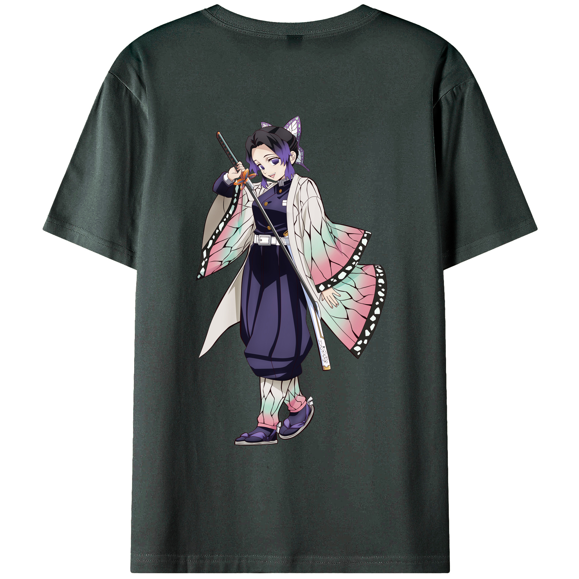 （画像用） 鬼滅の刃（きめつのやいば）蟲柱-胡蝶 しのぶ／こちょう しのぶ Kochou Shinobu 綿100％ メンズ半袖Tシャツ（バックプリント） 通気性